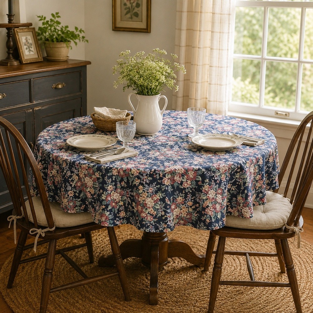 Vintage Tablecloth Navy Blue Floral Round Traditional Garden Style